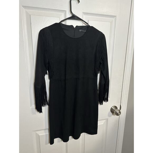 Zara Black Suede Western Dress Tassel Fringe Long Sleeve Size Small Cowgirl - Picture 2 of 8